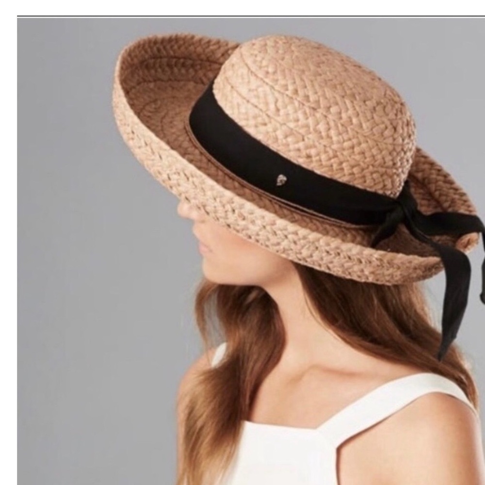 Helen Kaminski Raffia Straw Hat with Black Ribbon Handmade in Madagascar